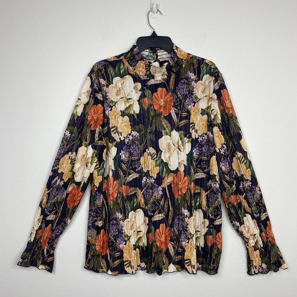 Chico's Womens 4 XXL Dark Purple Floral Pleated Blouse Long Sleeve Mock Neck Top - Picture 2 of 16